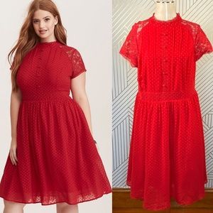 Torrid Red Textured Dot Chiffon Lace Button Dress